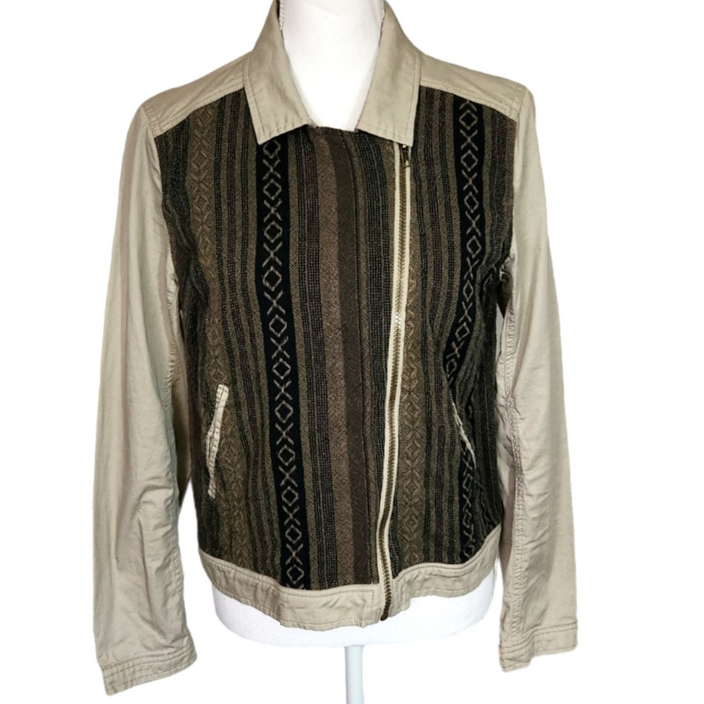 Harper Women's Small Tan Green Striped Tweed Angled Zip Collared Top Jacket